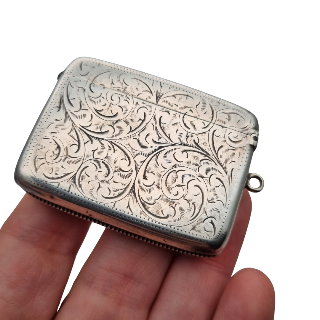 Caja cerillera Eduardiana antigua de plata Birmingham 1905, W.H William M Hayes
