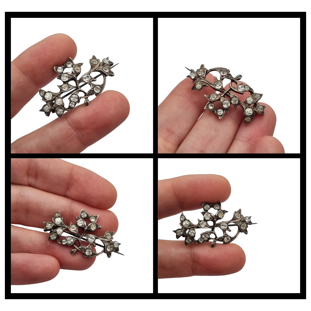 Antique Silver Floral Victorian Brooch with Paste Stones, Edwardian Style, c. 1890–1910