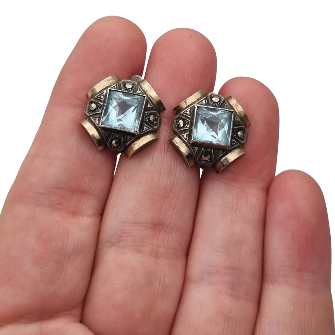 Catalan Art Deco silver earrings with blue crystal, marcasites and gold accents, Spain, ca. 1940