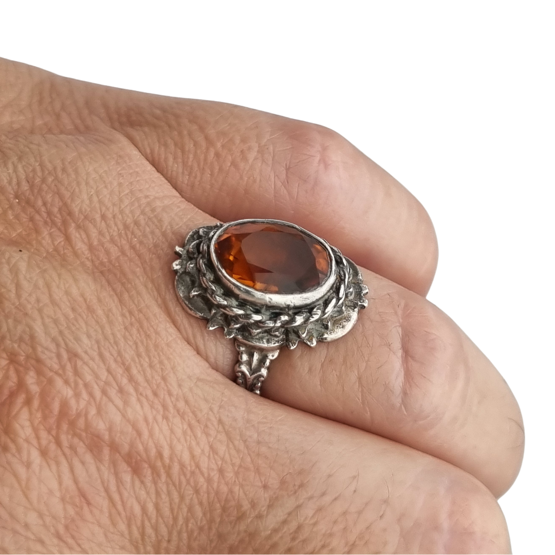 1950s-1960s silver ring with cognac-colored faceted crystal and ornamental design