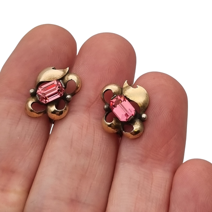 Pendientes antiguos Art Déco catalán de plata con vistas de oro y pedrería rosa, ca. 1940
