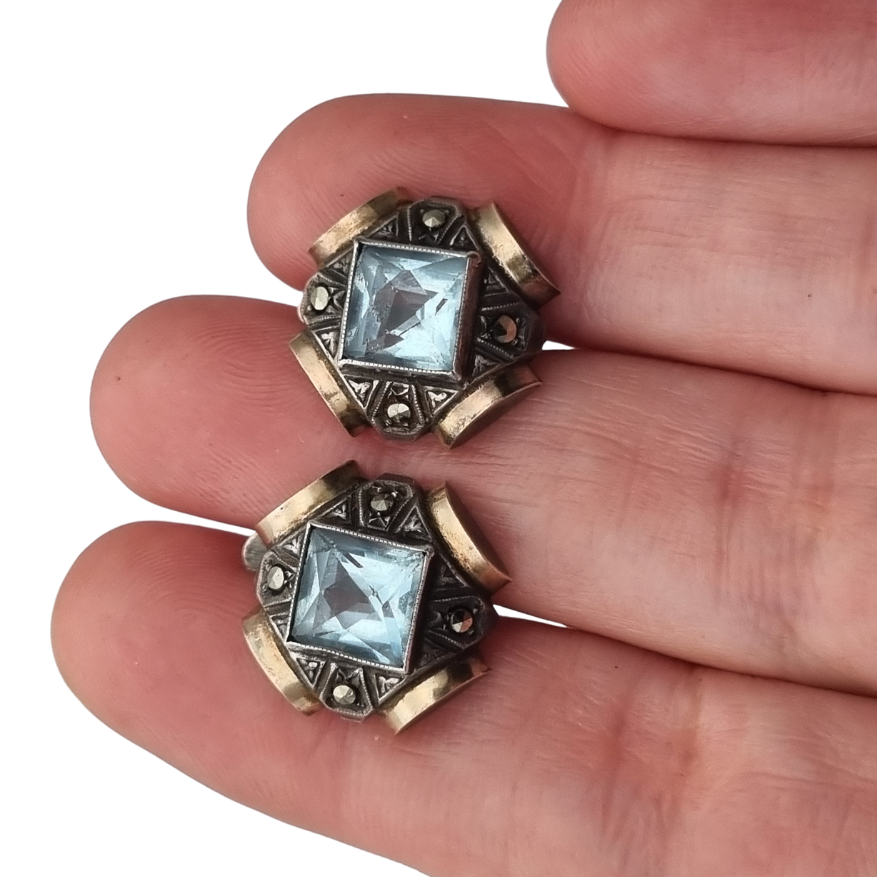 Catalan Art Deco silver earrings with blue crystal, marcasites and gold accents, Spain, ca. 1940