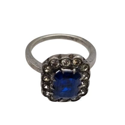 Pompadour silver ring with blue and white rhinestones, Princess Diana style. France, circa 1950