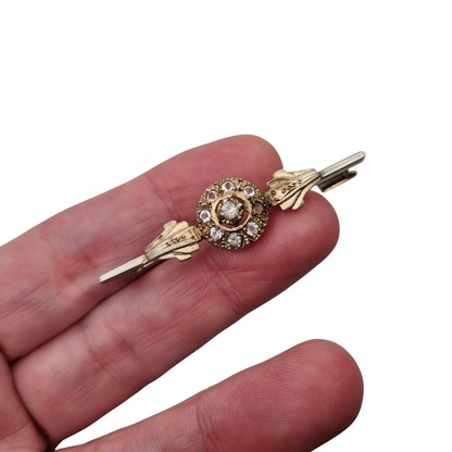 Antique Belle Époque brooch in gilded metal with clear stones, Europe, ca. 1890–1920