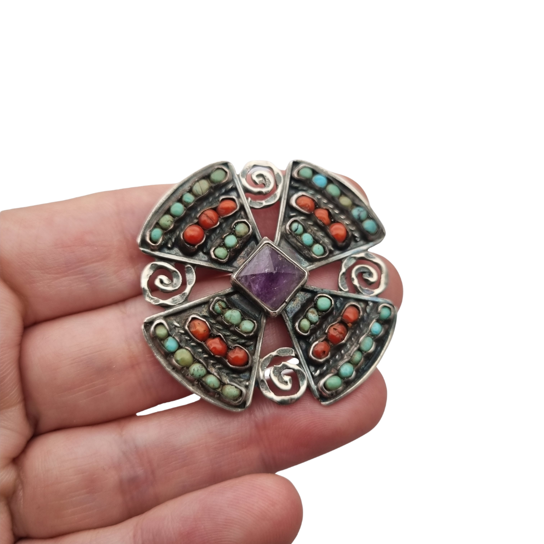 Mexican MATL SALAS cruciform brooch in silver with turquoise, coral and amethyst, designer jewelry, ca. 1960