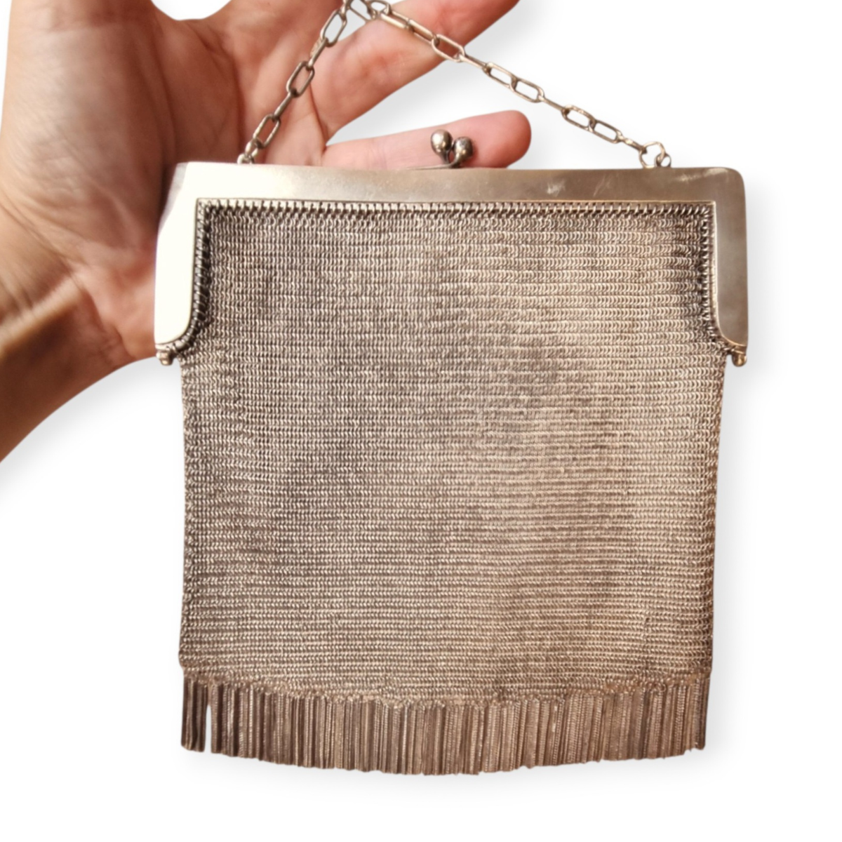 Bolso antiguo Belle Époque de malla de plata 800 con borlas, flecos y boquilla floral, Europa, ca. 1900–1920