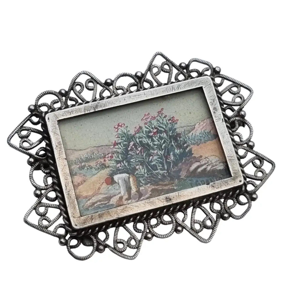 Broche francés en plata con miniatura de pintura firmada por J. Granion