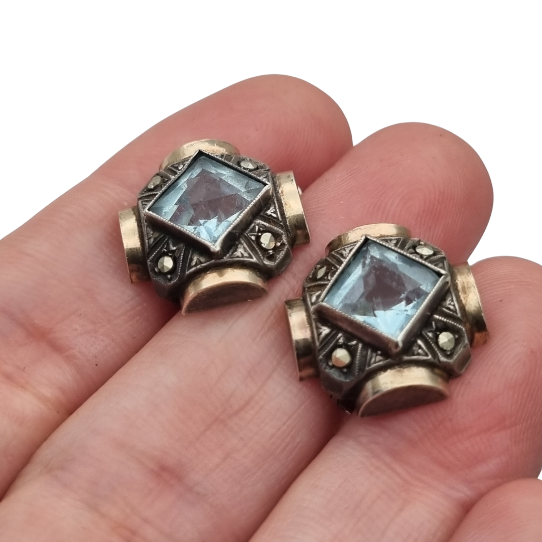 Catalan Art Deco silver earrings with blue crystal, marcasites and gold accents, Spain, ca. 1940