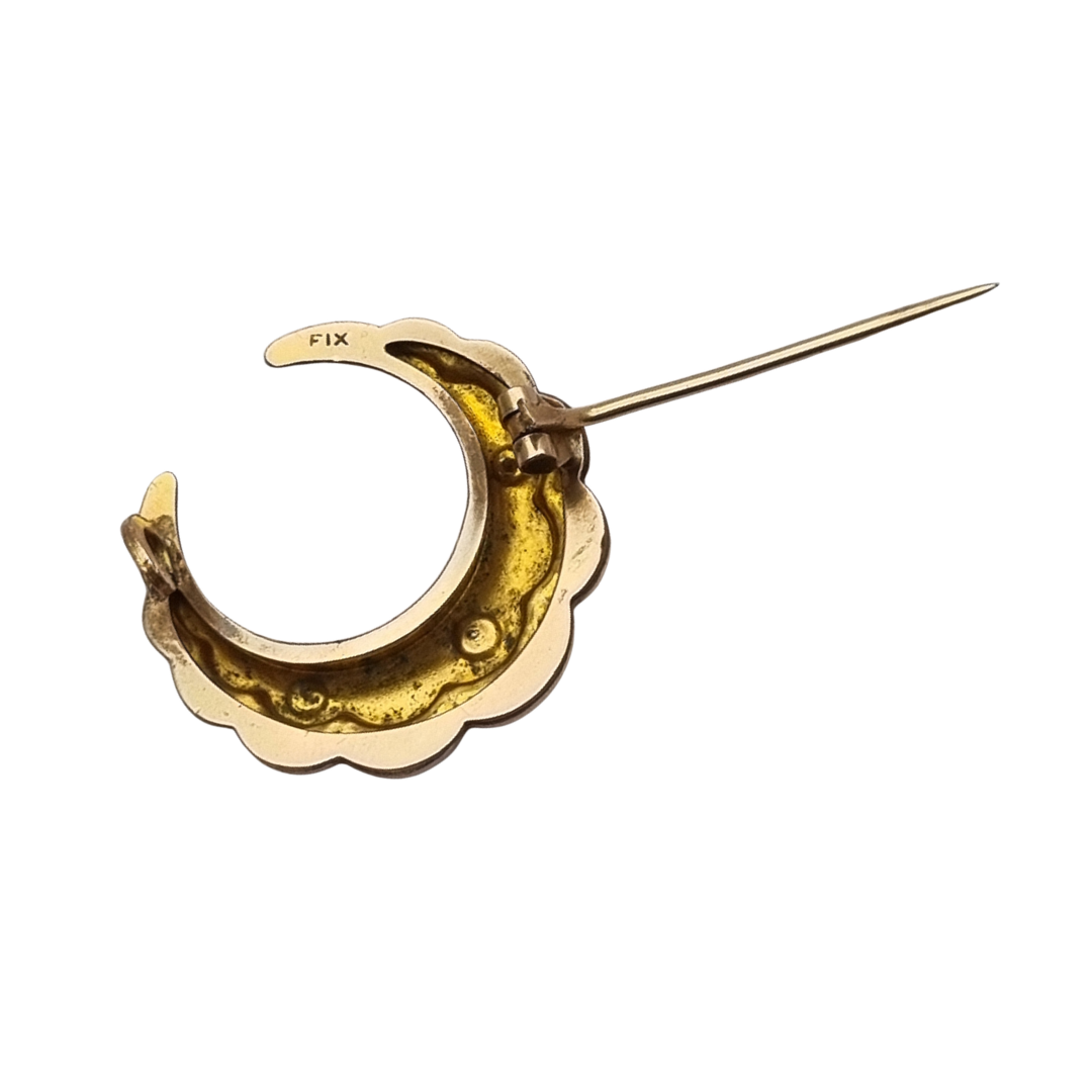 Belle Époque circa 1900 crescent moon brooch by FIX, gold-plated with pearls