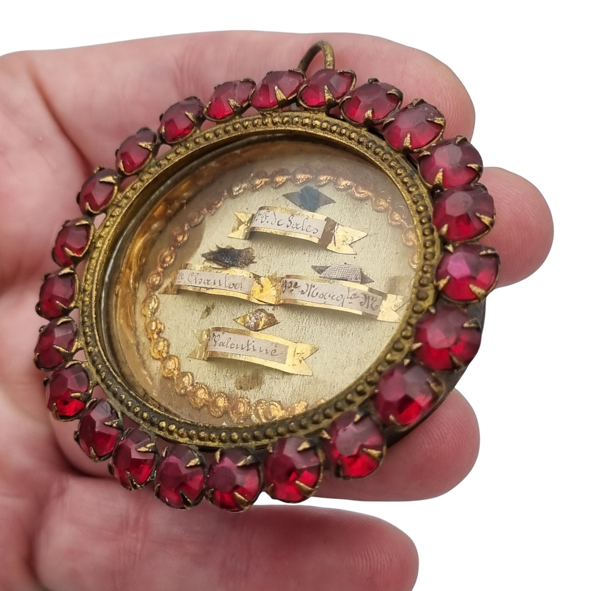 Relicario antiguo neobarroco francés con cuatro reliquias lacradas, Visitación de Annecy, ca. 1870–1920