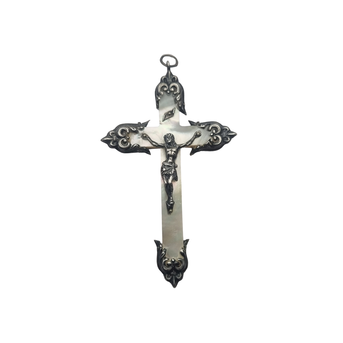 Antique neo-baroque silver and mother-of-pearl crucifix, late 19th century