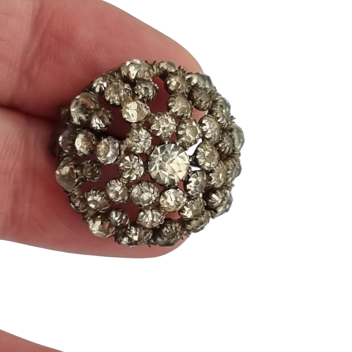 Vintage Art Deco circular button brooch in gold-tone metal and rhinestones, circa 1930-40
