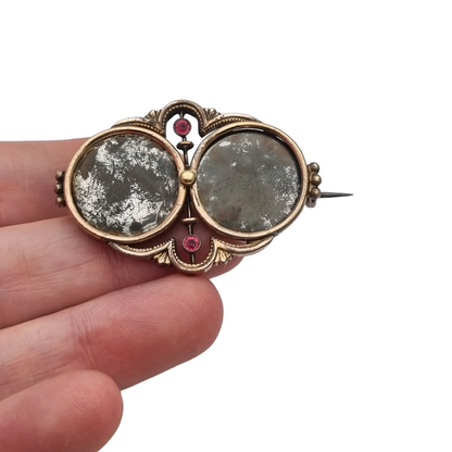 Antique Victorian Gold Double Photo Locket Brooch, Hair Jewelry with Red Stones, ca. 1870–1890