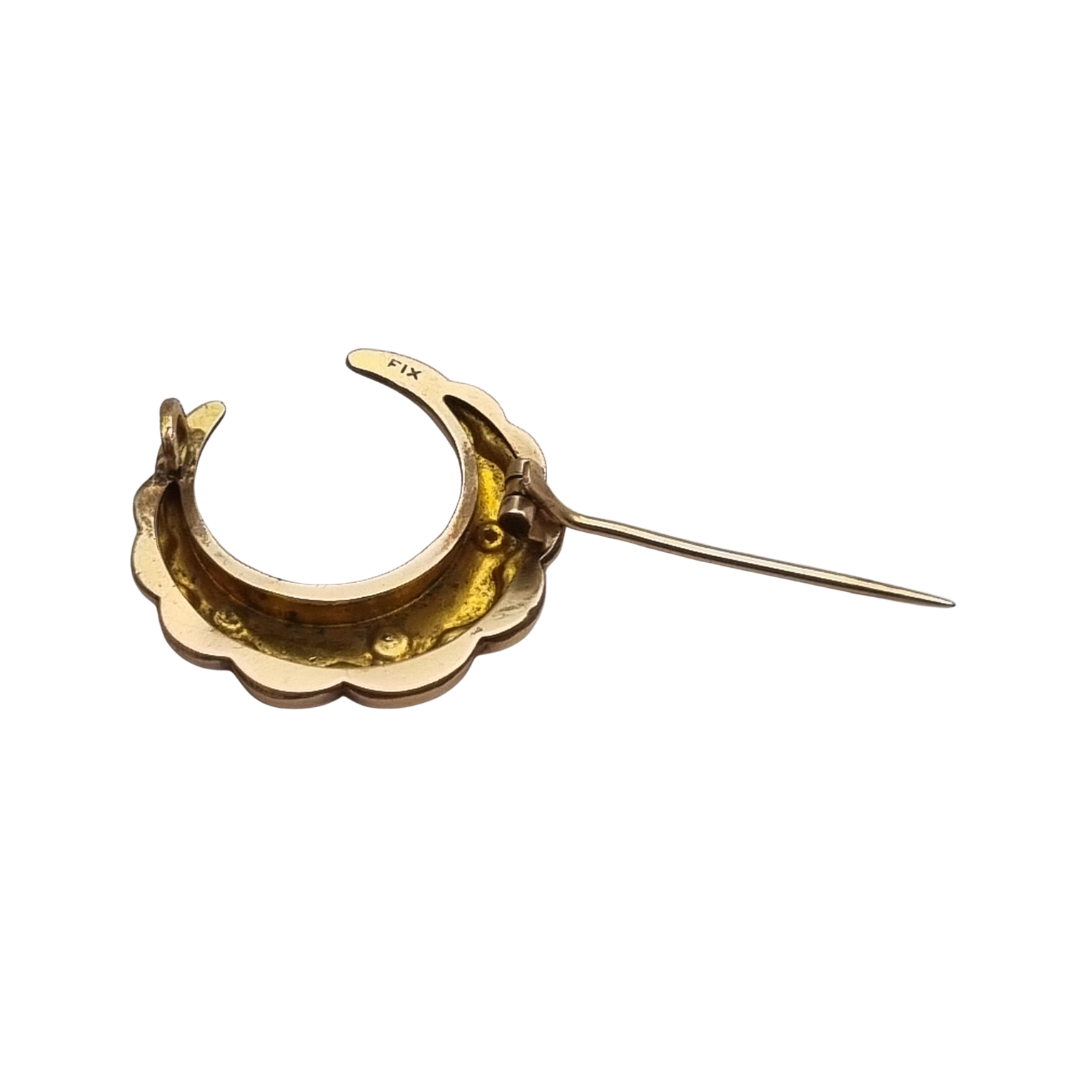 Belle Époque circa 1900 crescent moon brooch by FIX, gold-plated with pearls