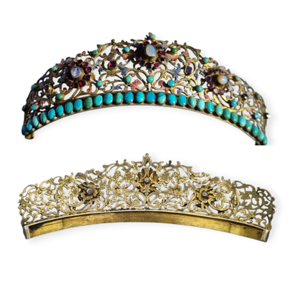 Tiara victoriana austrohúngara en plata dorada con turquesas, granates y piedra de luna, romántico tardío, ca. 1880–1900