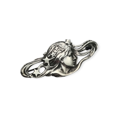 Art Nouveau 915 silver brooch with nymph, stars, and female profile, Europe, circa 1940