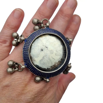 Raro anillo espejo de plata antiguo esmalte azul afganistán joyería tribal.