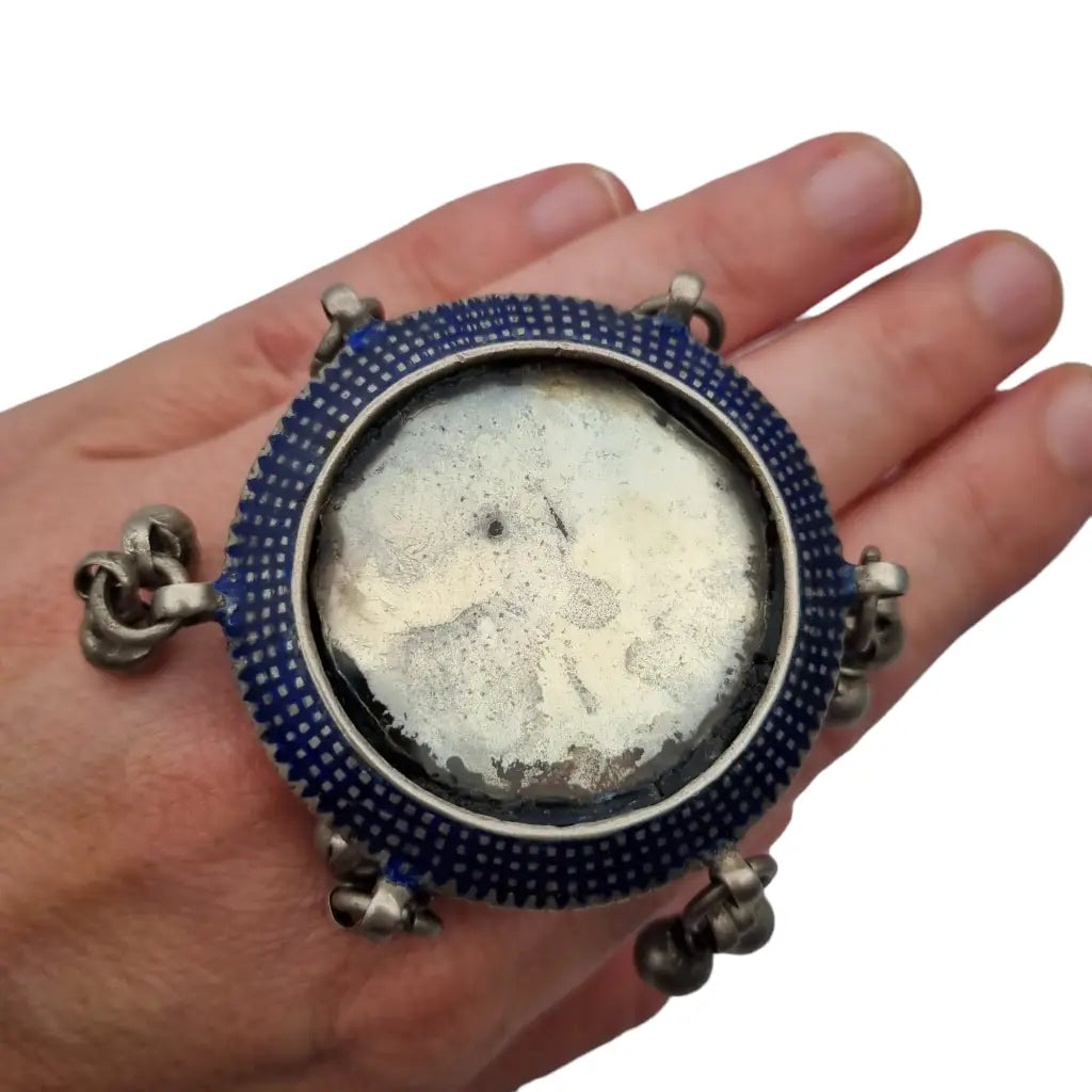 Raro anillo espejo de plata antiguo esmalte azul afganistán joyería tribal.