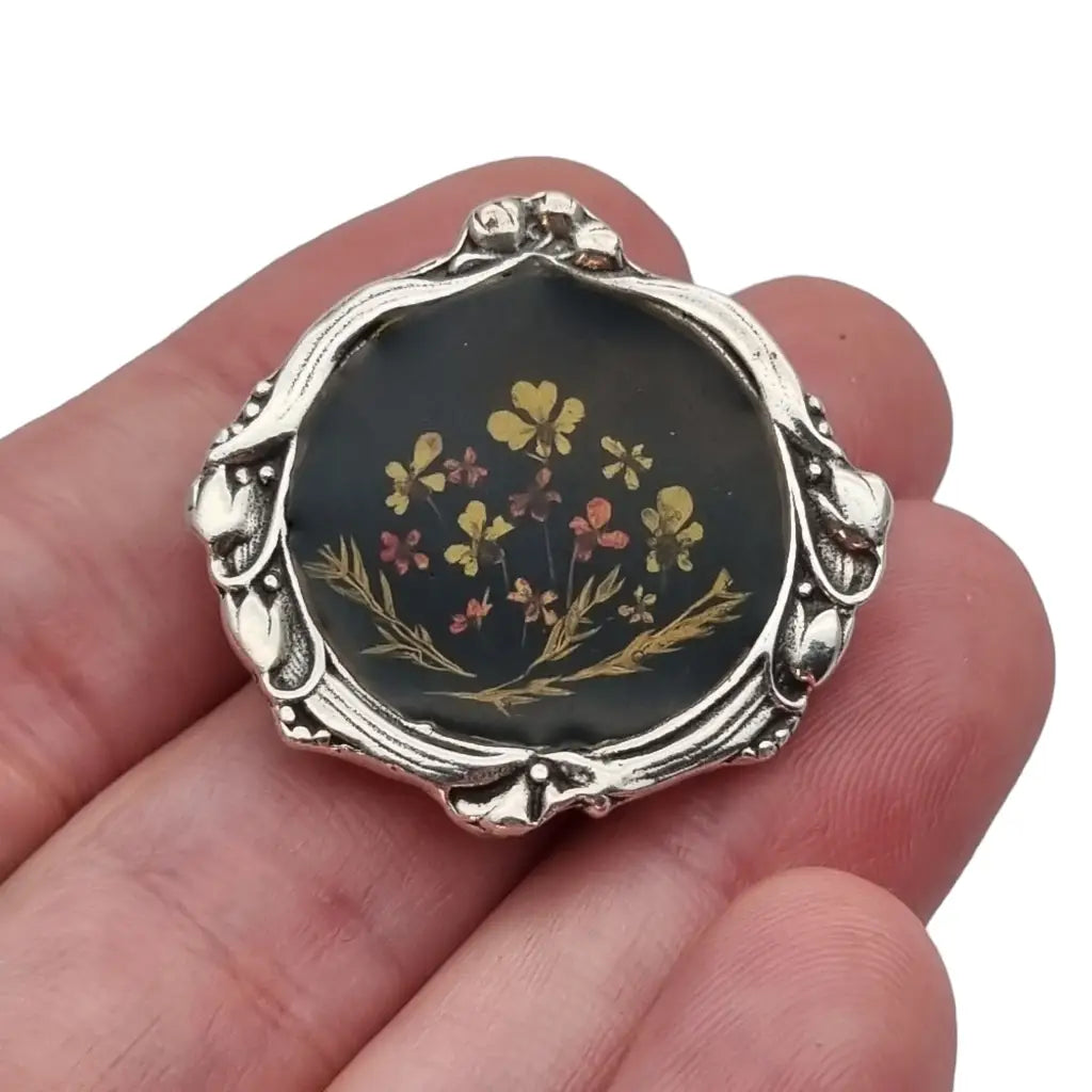 Broche modernista negro de flores y plata 916 regalos joyas antigua vintage.