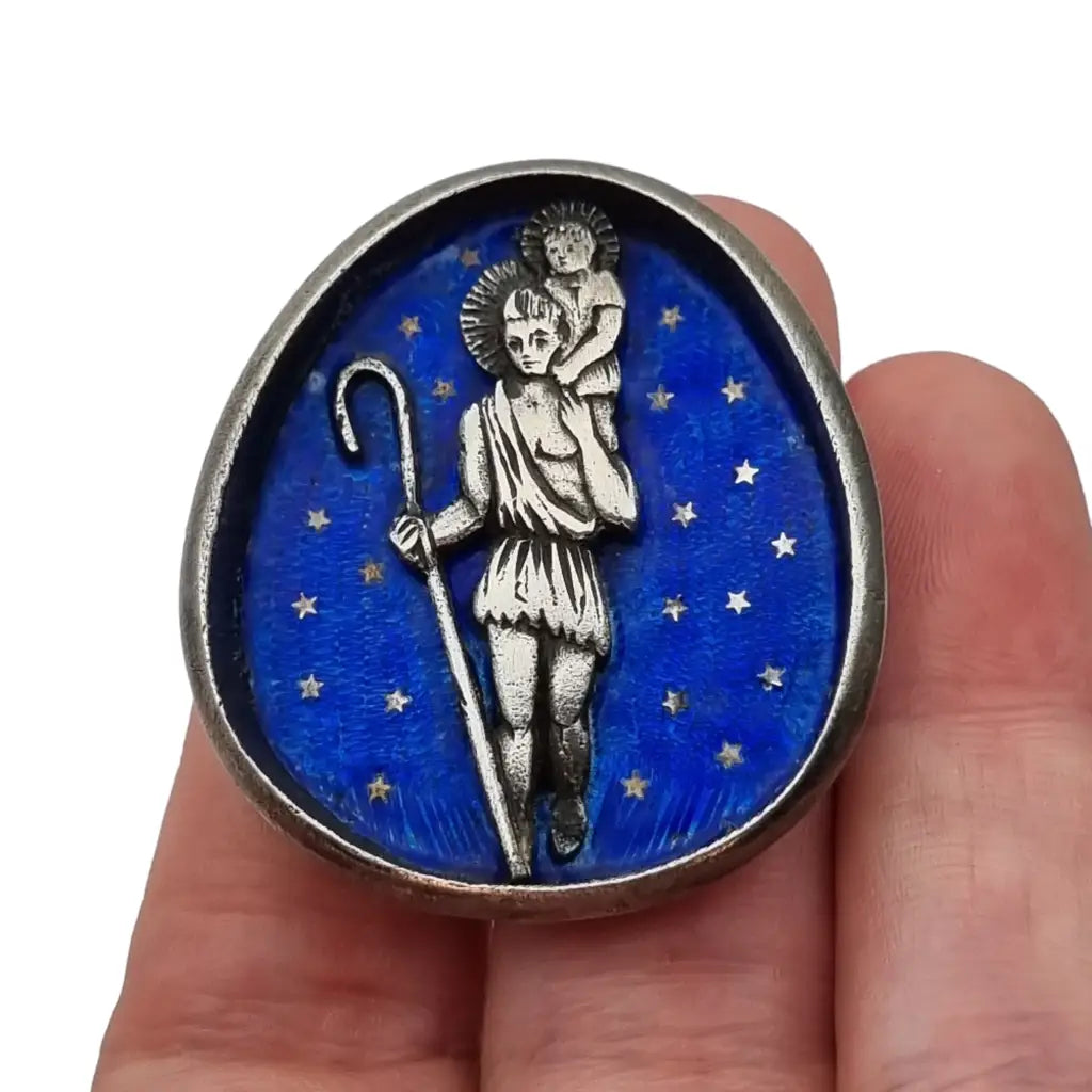 Antiguo botón de san cristóbal plata y esmalte azul regalos religiosos.