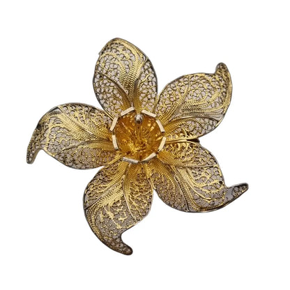 Broche flor de filigrana en plata dorada regala joyas antiguas y vintage