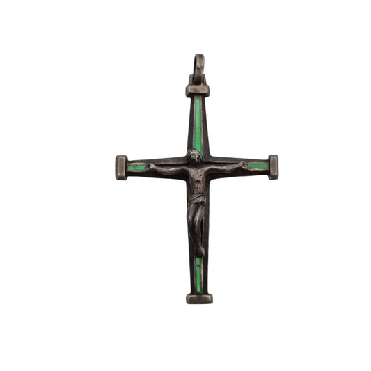 Cruz de plata antigua con esmalte verde colgante crucifijo. - LaBizarreSusu