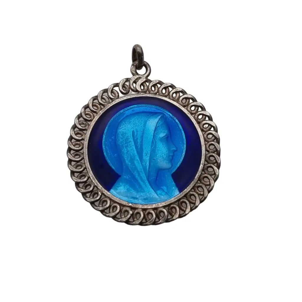 Medalla religiosa de la virgen lourdes francia 1959 en plata y esmalte azul.