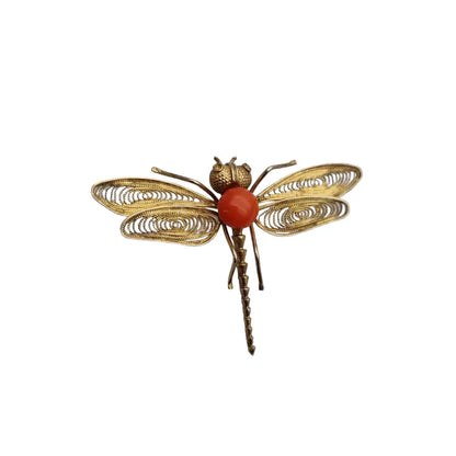 Broche de libélula filigrana plata dorada y coral joyas antiguas vintage.