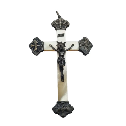 Cruz antigua con palomas de la paz en plata y nácar 1900 regalos religiosos.