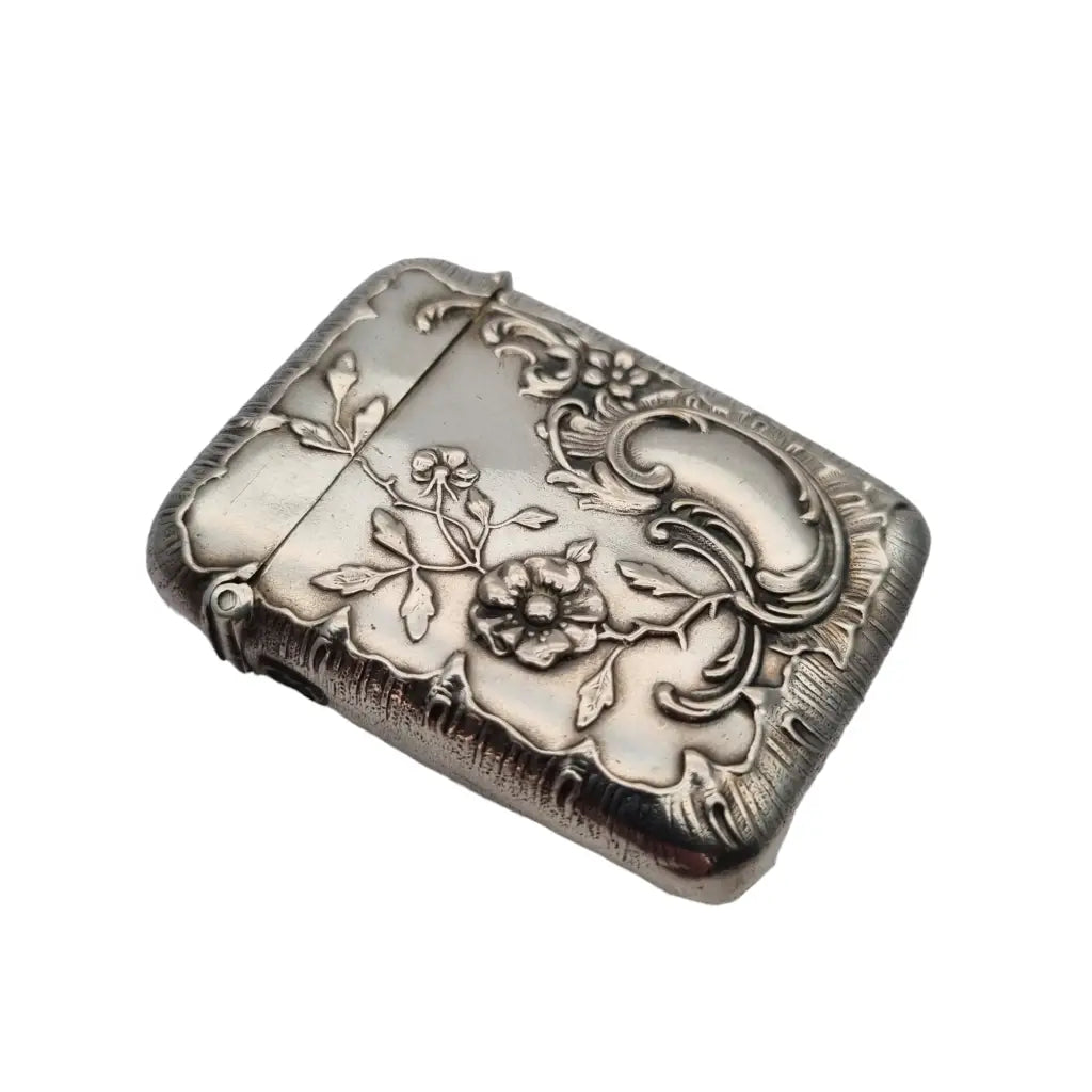 Antigua caja de cerillas art nouveau plata con decoración floral circa 1900.