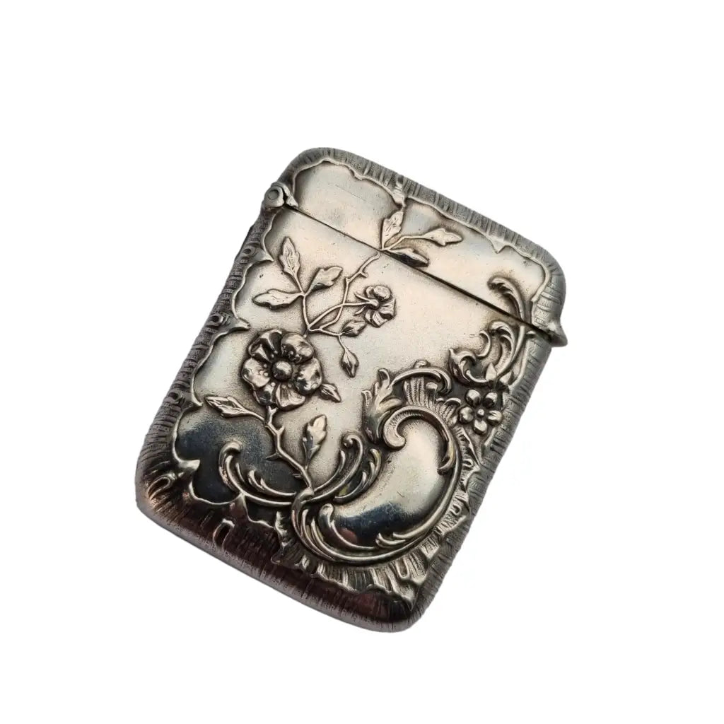 Antigua caja de cerillas art nouveau plata con decoración floral circa 1900.