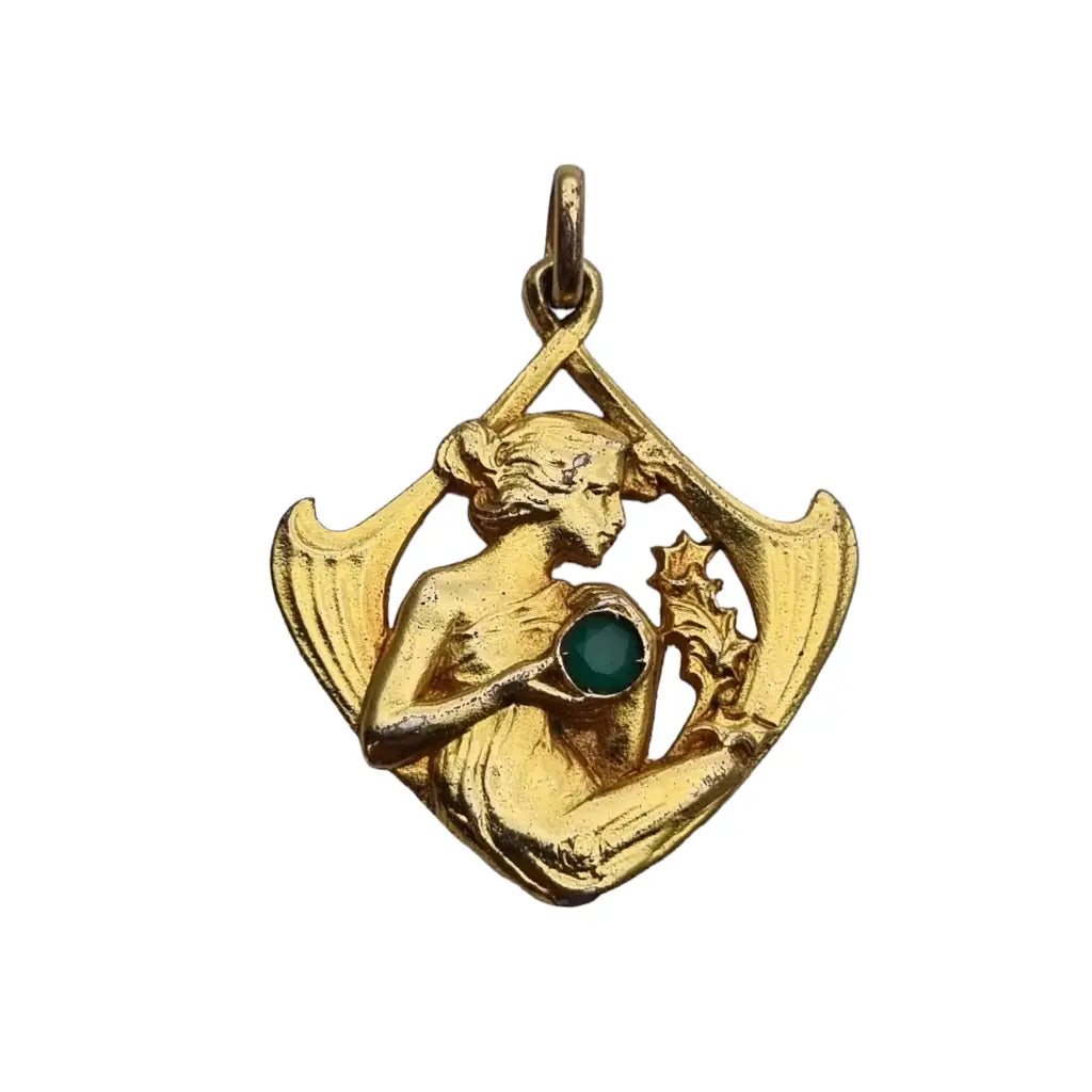 Colgante art nouveau en plata dorada con mujer y piedra verde estilo modernista