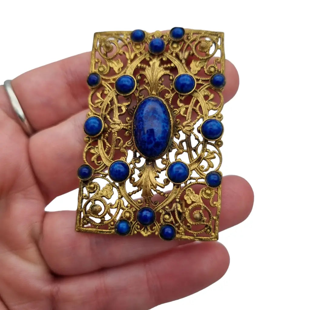 Broche modernista rectangular dorado y azul de los años 40 para mujer.