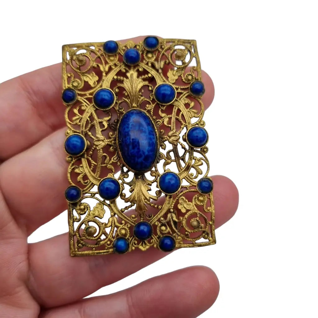 Broche modernista rectangular dorado y azul de los años 40 para mujer.