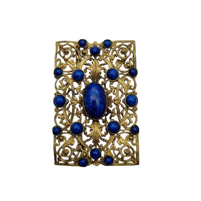 Broche modernista rectangular dorado y azul de los años 40 para mujer.