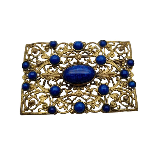 Broche modernista rectangular dorado y azul de los años 40 para mujer.