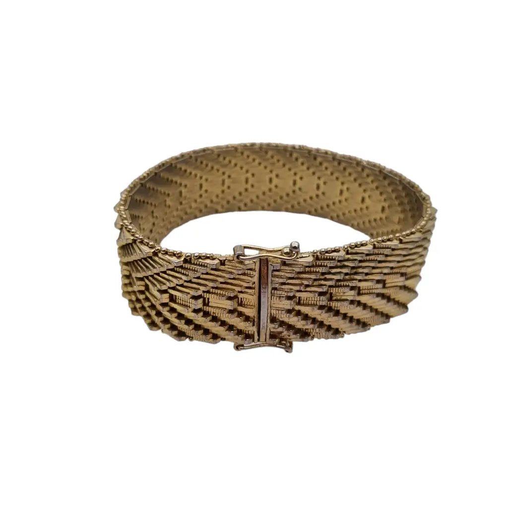 Pulsera retro italiana de tejido plano modernista chapada en oro 18k 1970.