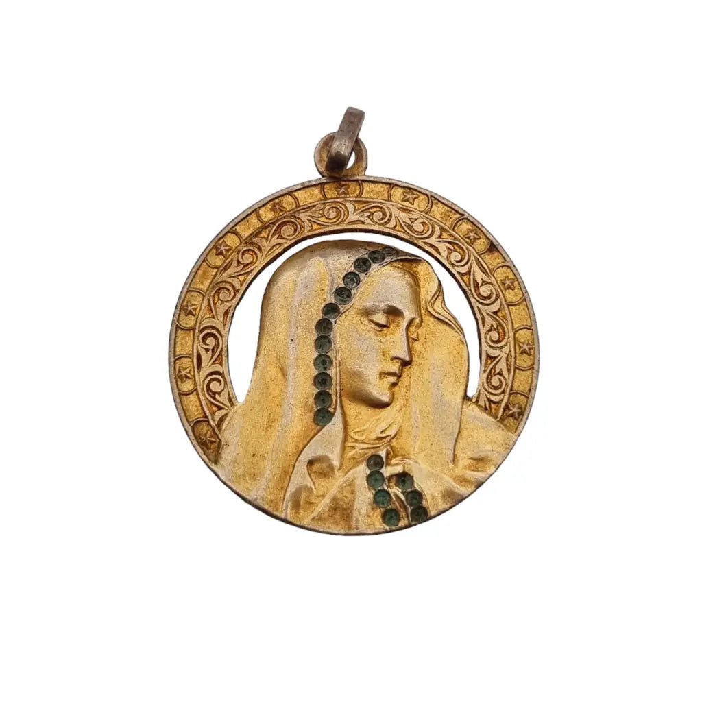 Medalla de la virgen art nouveau plata dorada 1900 joyería para regalar.