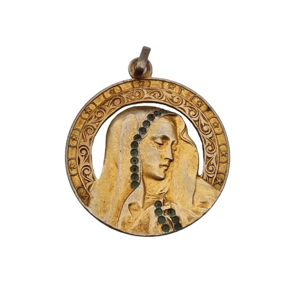 Medalla de la virgen art nouveau plata dorada 1900 joyería para regalar.