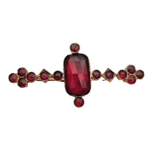 Broche eduardiano de oro 14k y piedra rosa color granate-rubí joyas antiguas.
