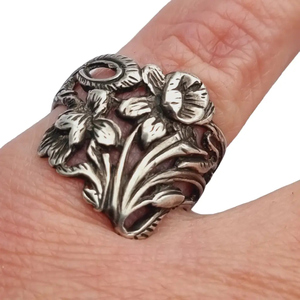 Anillo modernista de plata antiguo flores regalos originales. - LaBizarreSusu