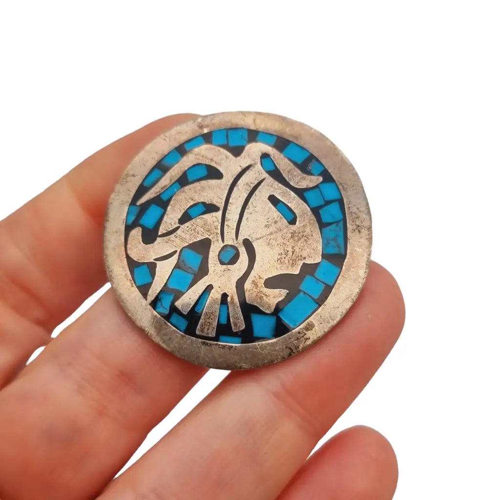 Broche guerrero azteca colgante plata mosaico azul turquesa méxico tr-138.