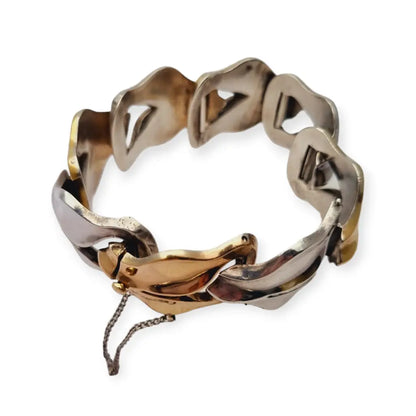 Pulsera Art Déco de plata y oro joya robusta voluminosa regalo para mujer.