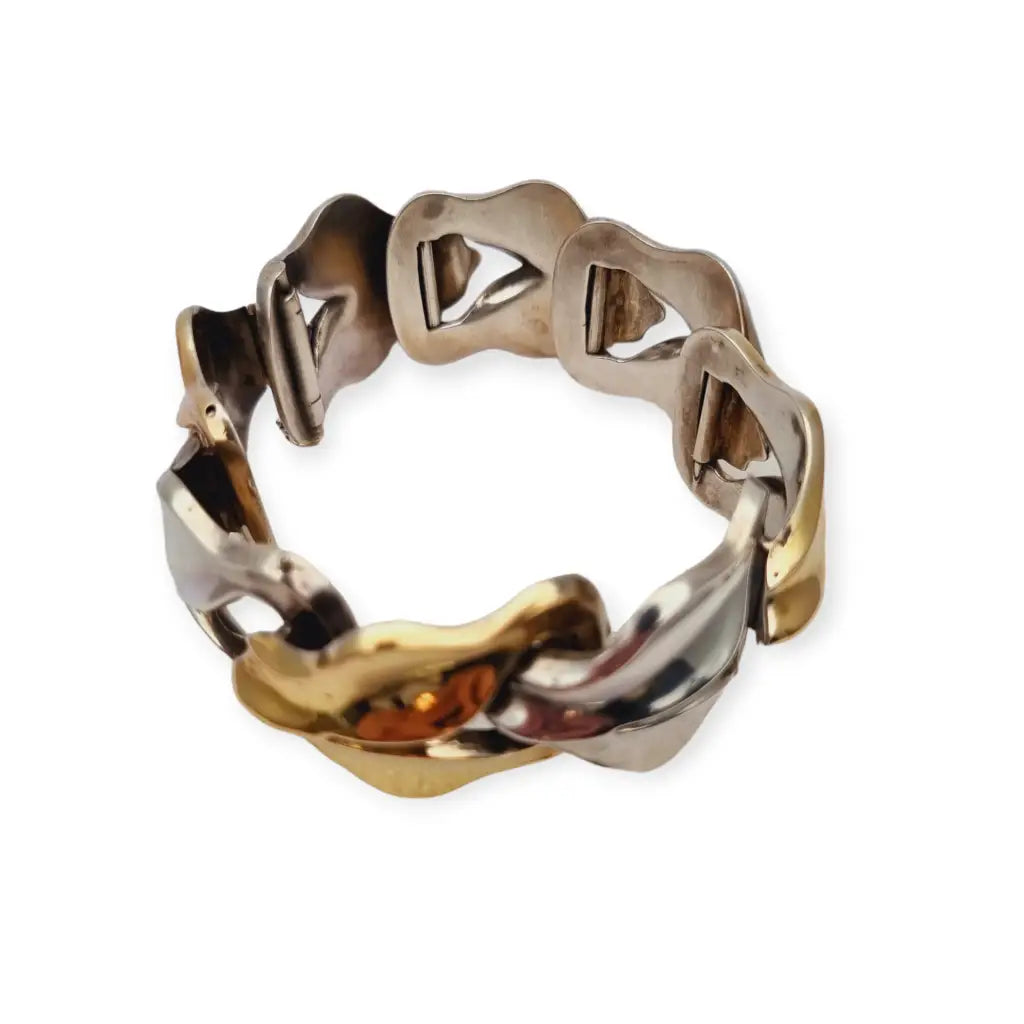 Pulsera Art Déco de plata y oro joya robusta voluminosa regalo para mujer.