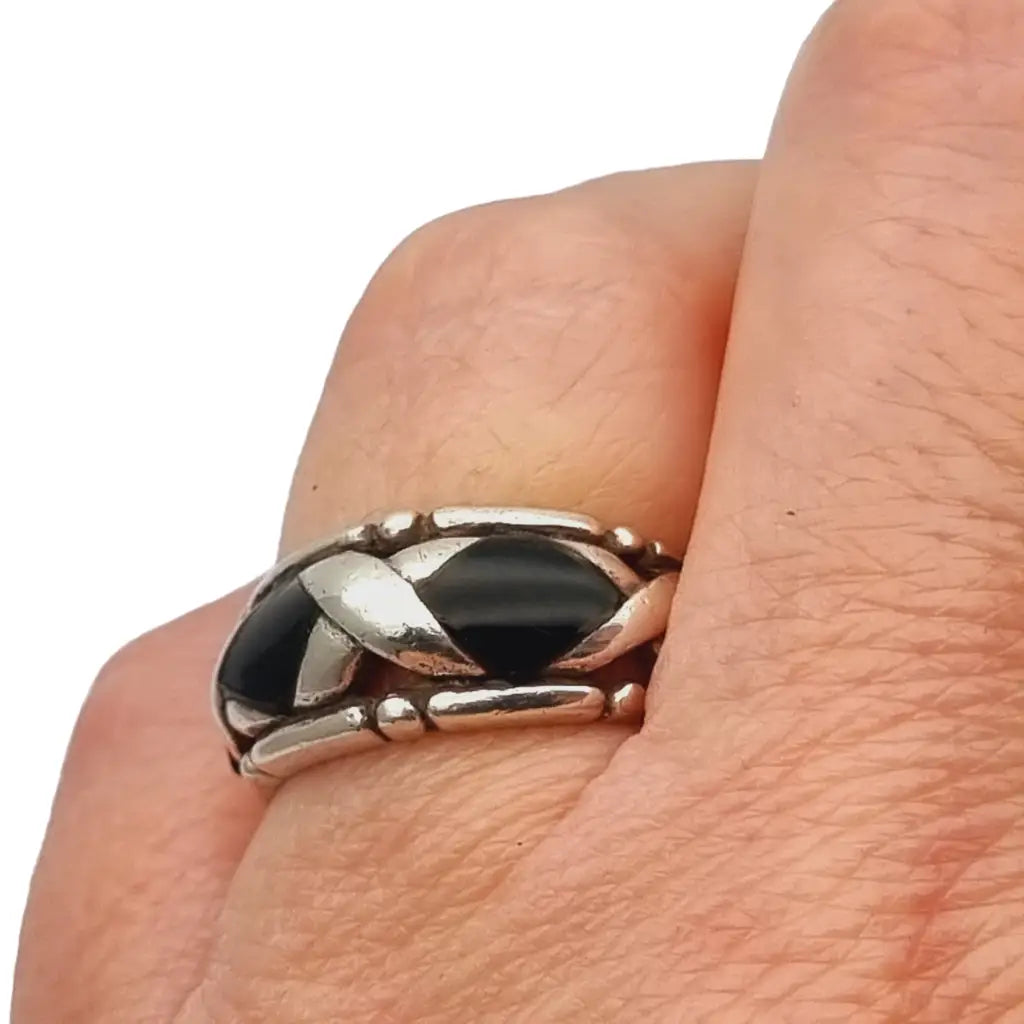 Anillo vintage de plata y esmalte negro trama x 925 regalos para mujer.