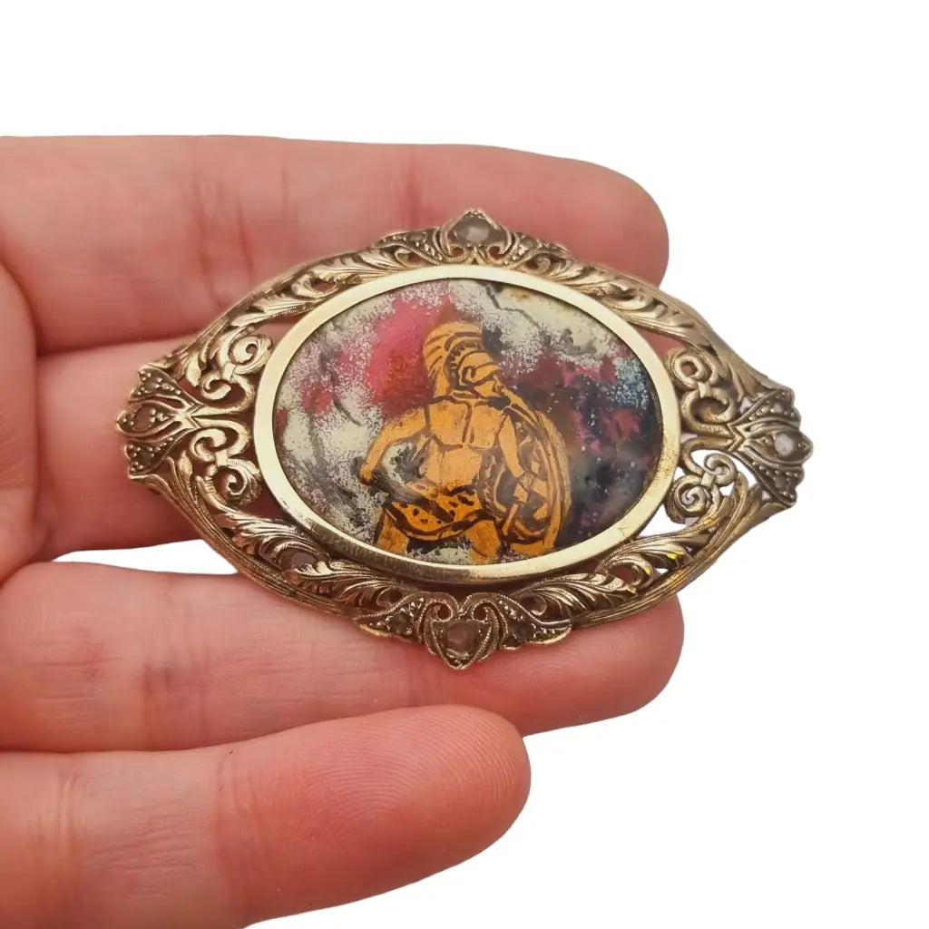 Broche antiguo eduardiano de plata y oro zafiros esmalte guerrero 1900.
