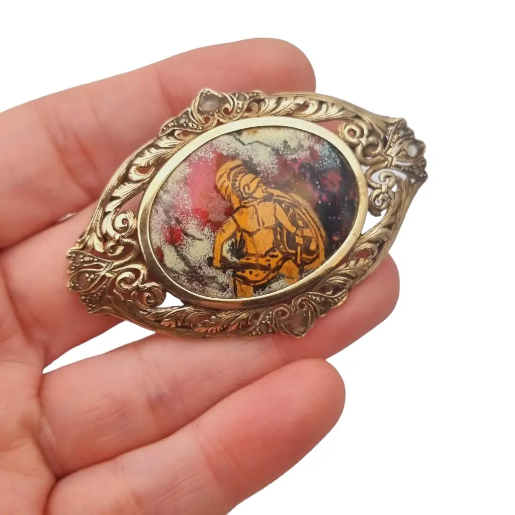 Broche antiguo eduardiano de plata y oro zafiros esmalte guerrero 1900.