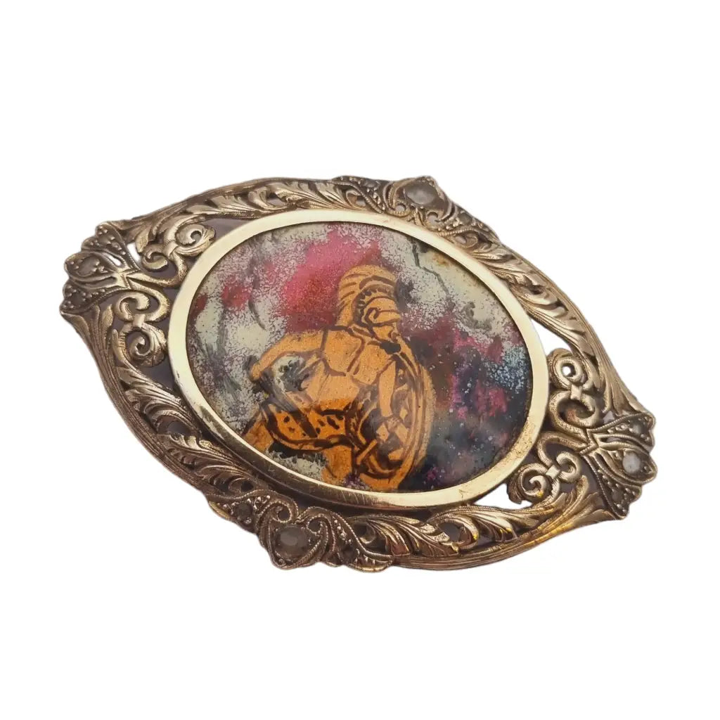 Broche antiguo eduardiano de plata y oro zafiros esmalte guerrero 1900.