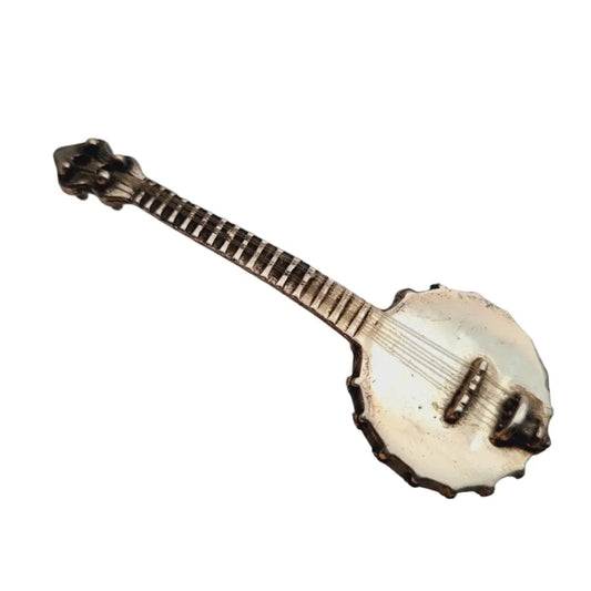 Figura banjo miniatura de plata ley instrumento musical para coleccionar.