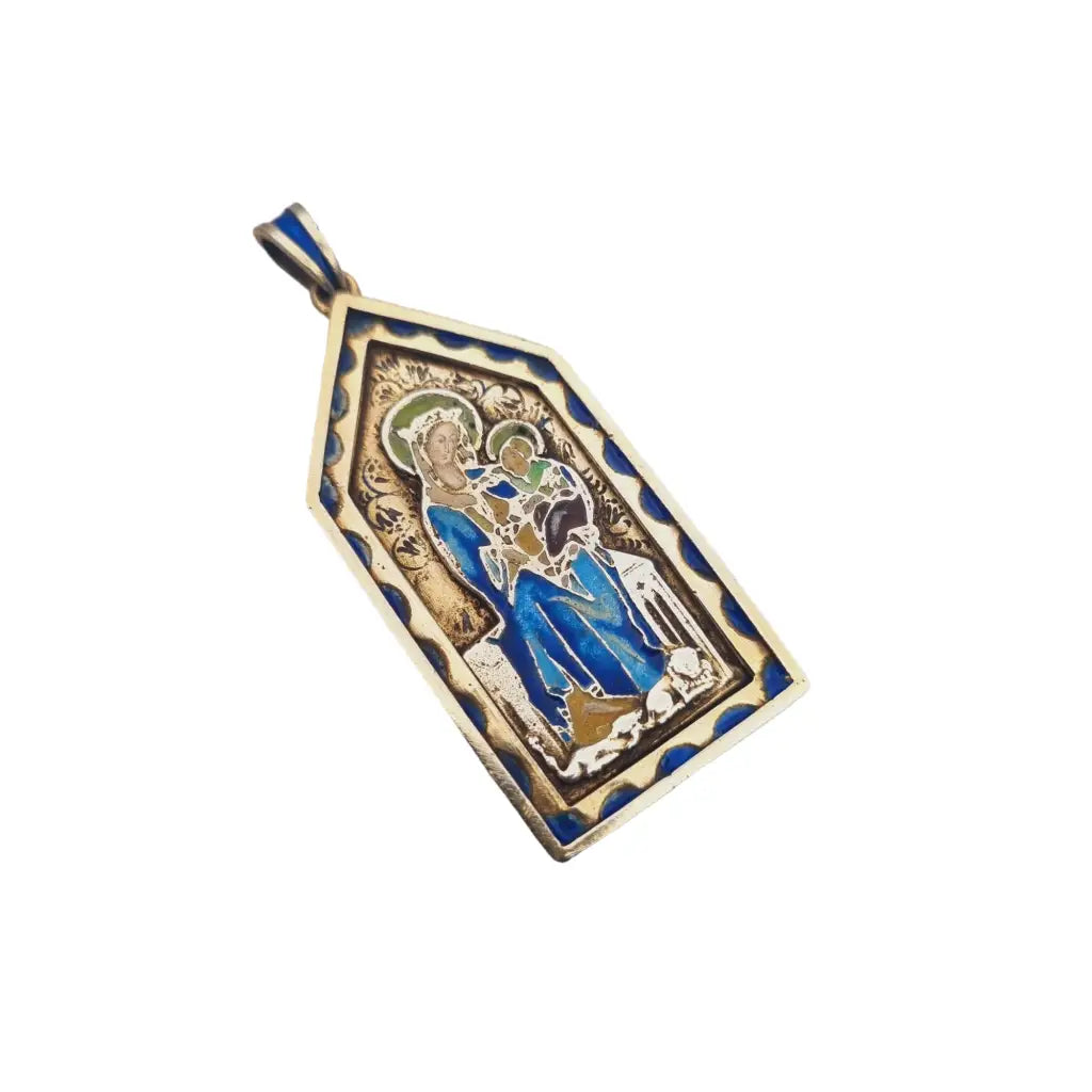 Medalla virgen art nouveau en plata dorada y esmalte azul modernismo religioso.